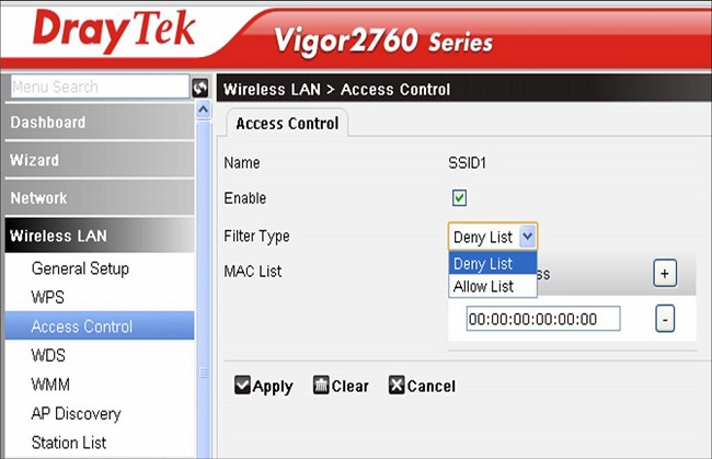 DrayTek Vigor 2760n Wireless LAN WLAN Access Control